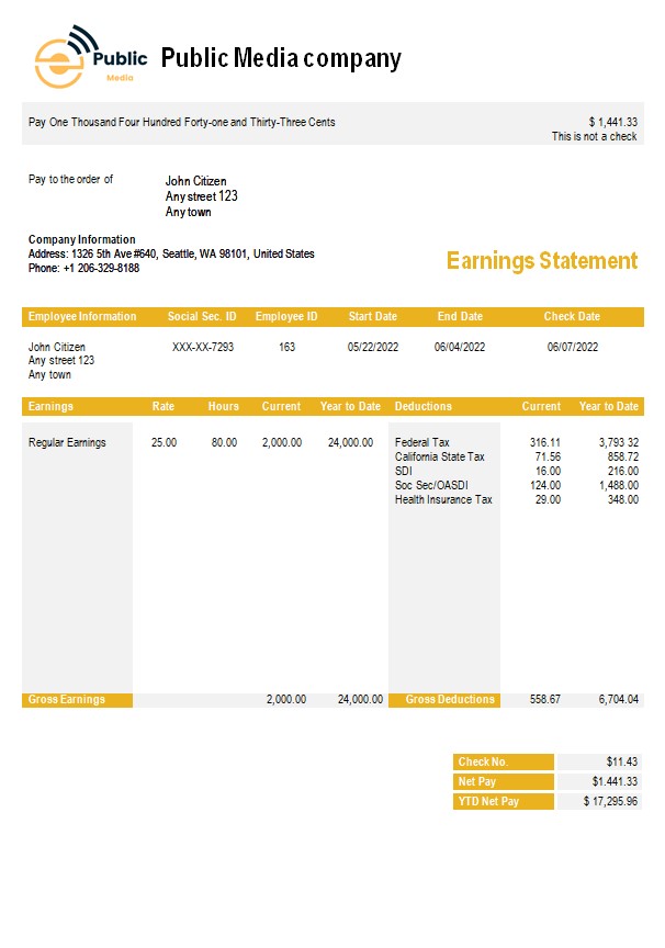 Download public media company  earning statement in Word and PDF formats Photoshop template